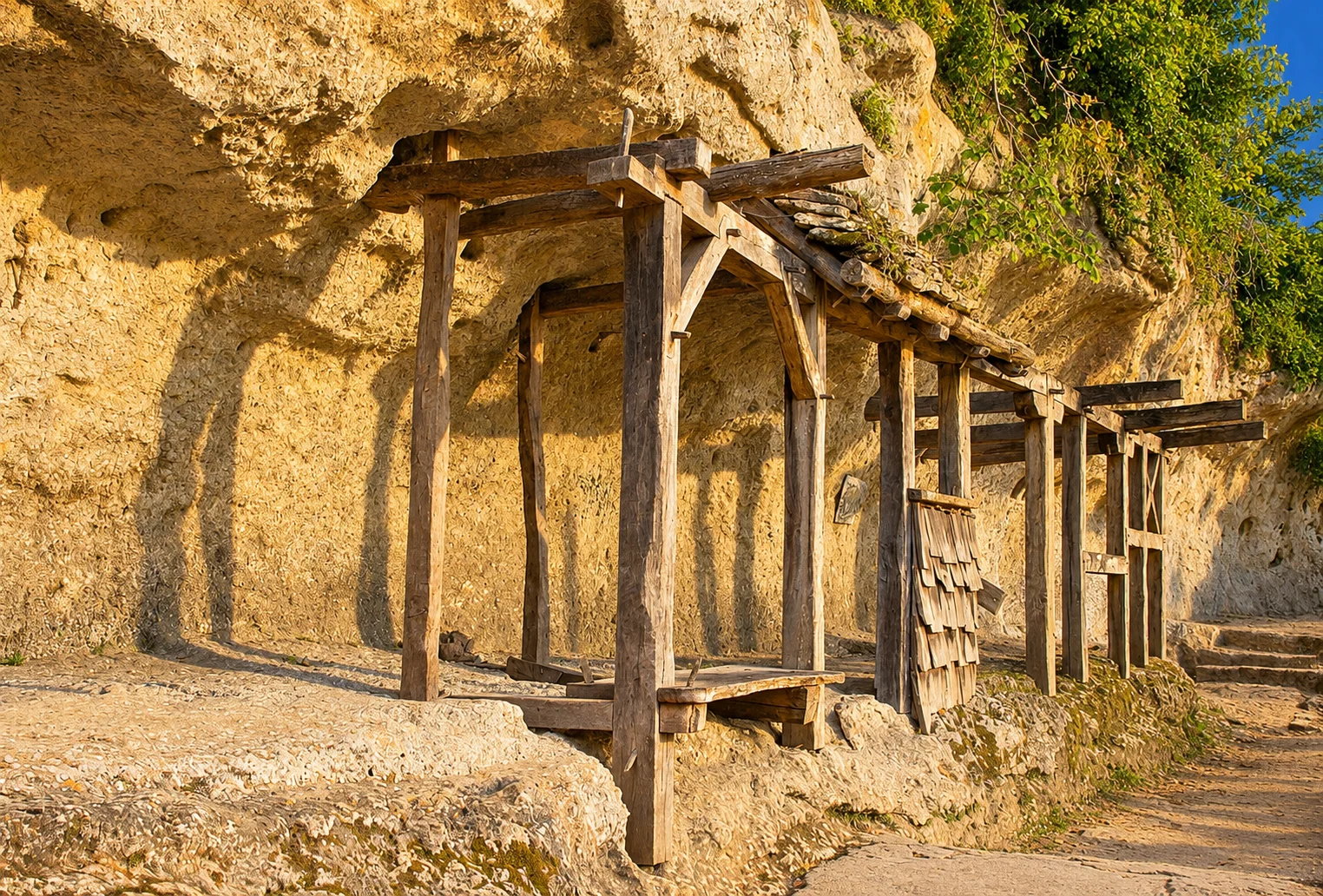 Roque Saint-Christophe Site, re-rendered from an openly licensed photo (Summer · Deep brochure blue · Golden hour)