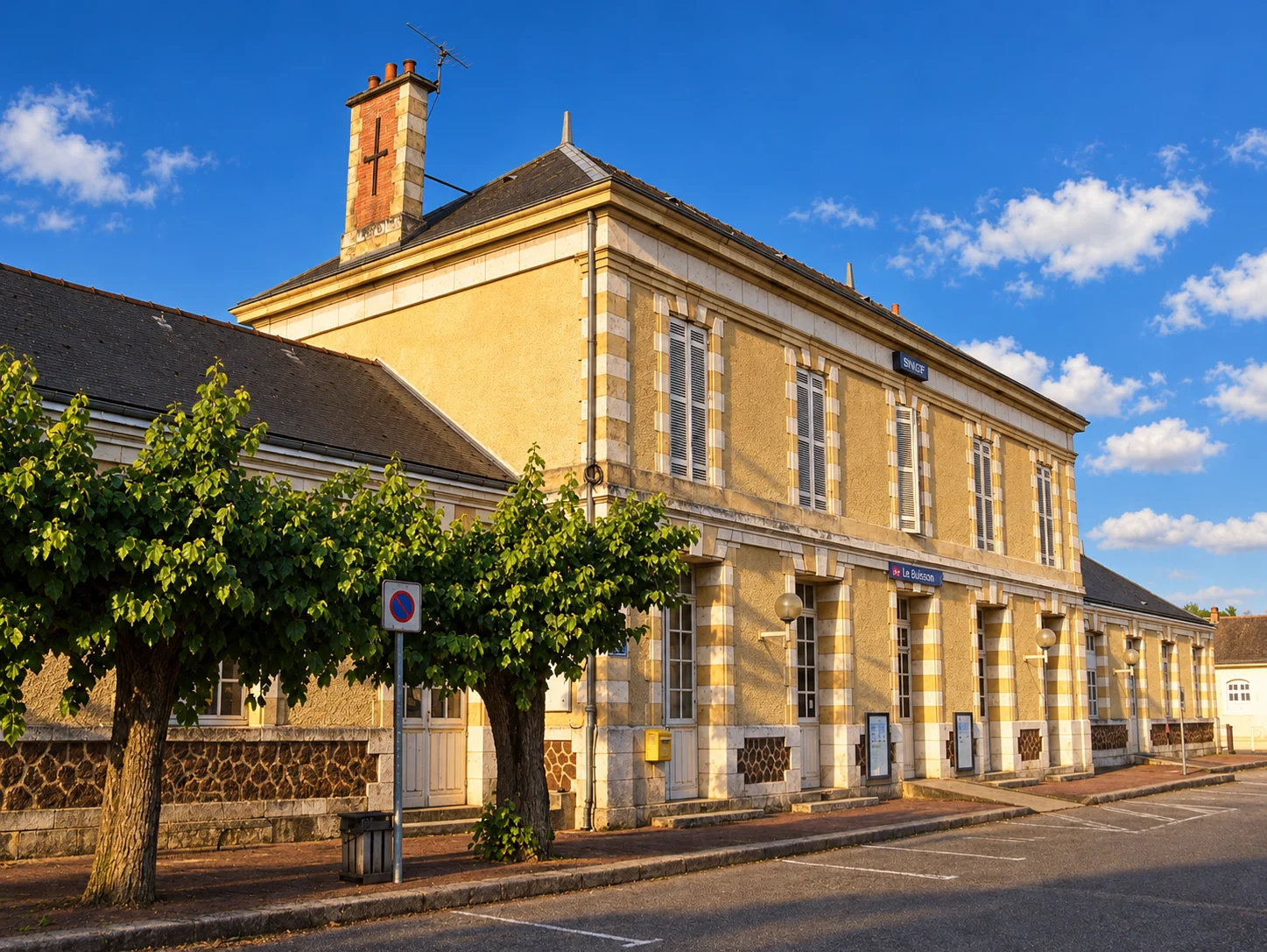 Le Buisson-de-Cadouin, re-rendered from an openly licensed photo (Summer · Deep brochure blue · Golden hour)