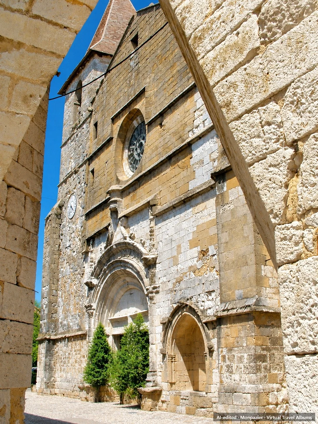 A stone church facade with a large arched entrance and rose window is framed by the stone arcades of a medieval square.