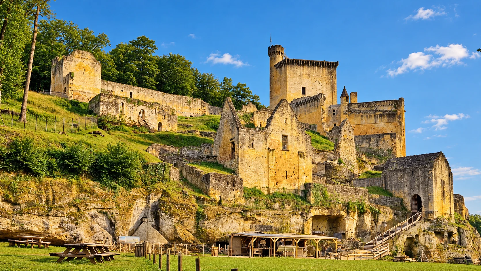 Château de Commarque, re-rendered from an openly licensed photo (Summer · Brochure blue · Golden hour)