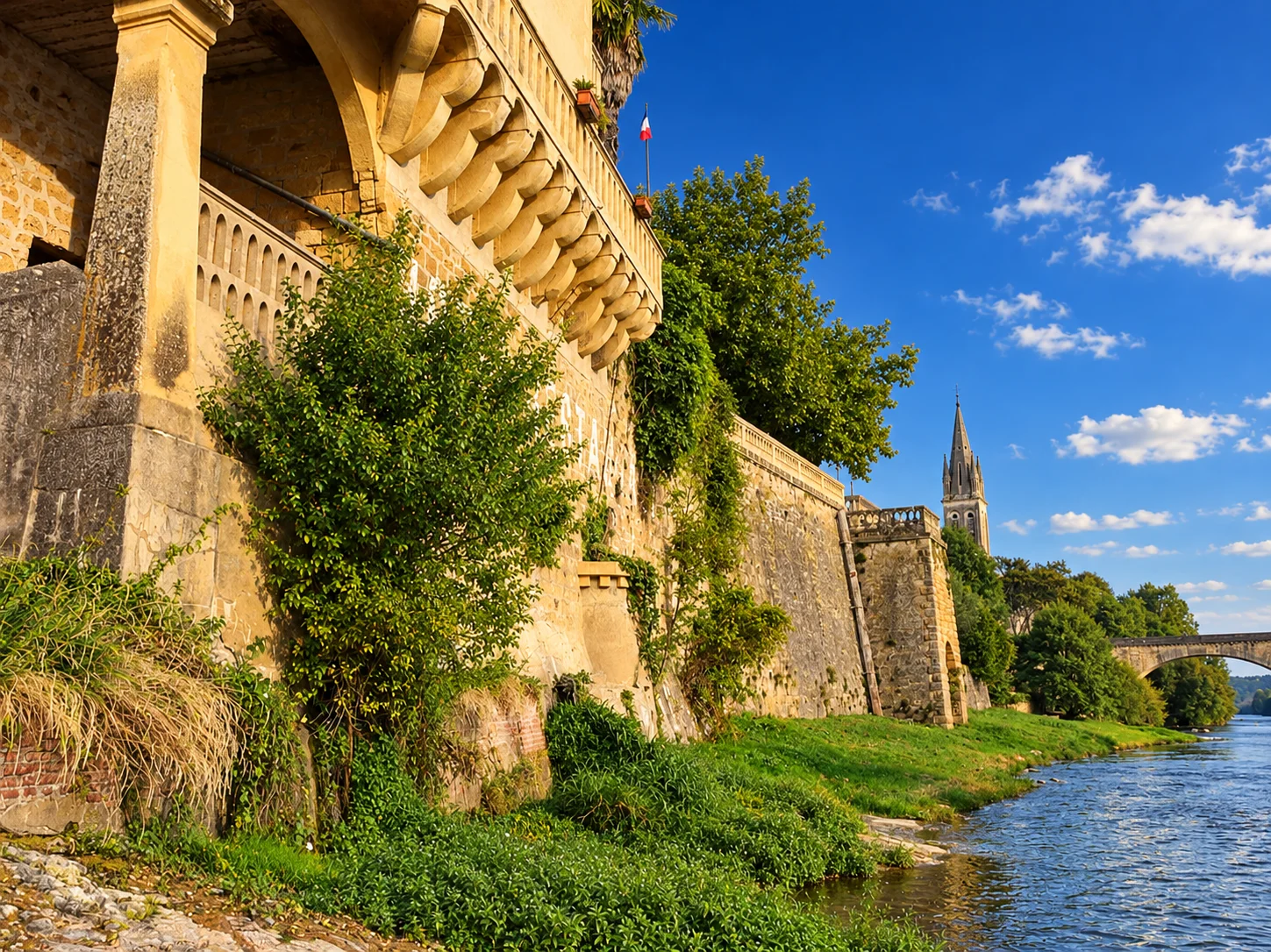 Stone walls and projecting balconies line the Dordogne at Lalinde, with the church spire and bridge beyond.