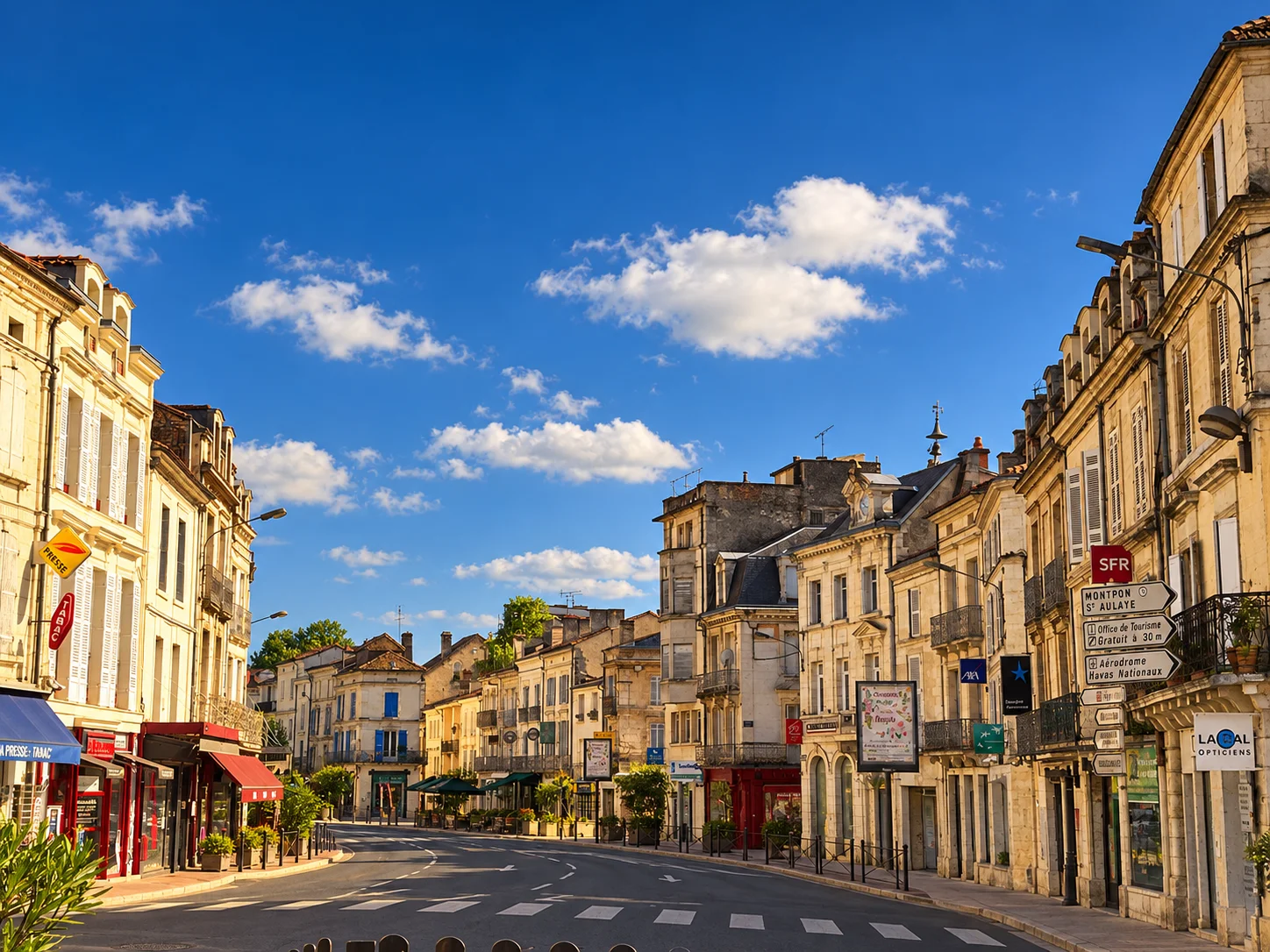 Ribérac, re-rendered from an openly licensed photo (Summer · Deep brochure blue · Golden hour)