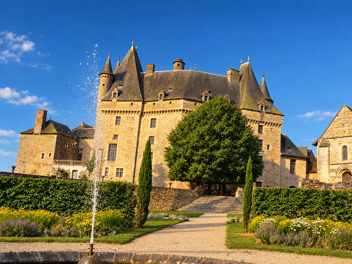 Jumilhac-le-Grand, re-rendered from an openly licensed photo (Summer · Deep brochure blue · Golden hour)