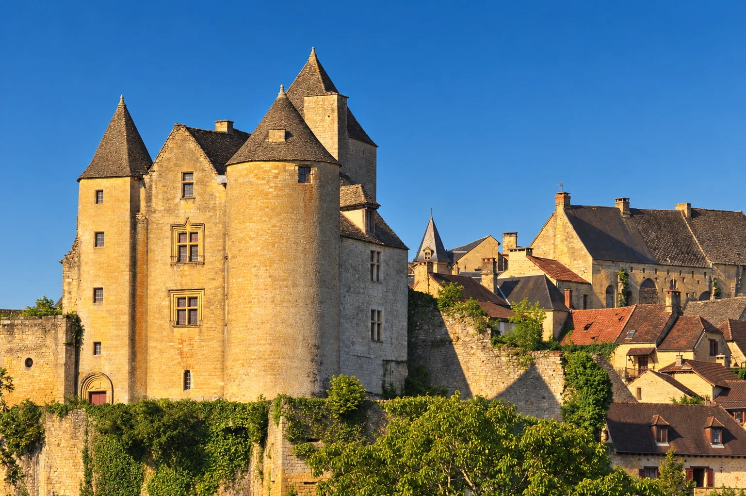 Château de Salignac, re-rendered from an openly licensed photo (Summer · Deep brochure blue · Golden hour)