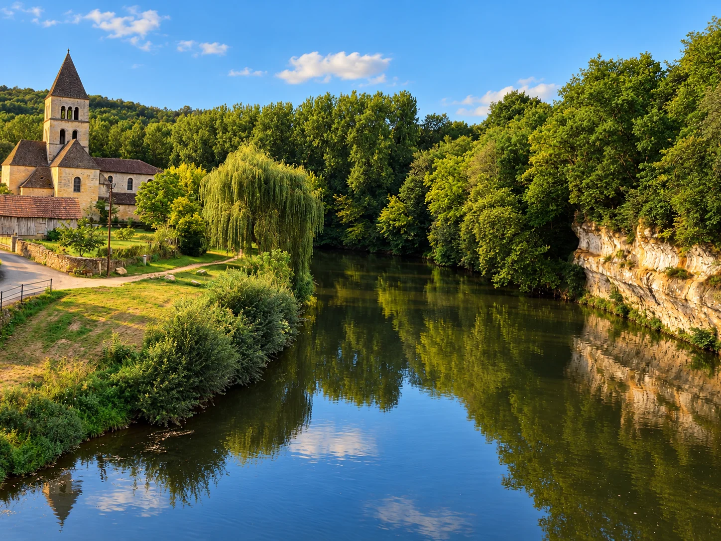 Saint-Léon-sur-Vézère, re-rendered from an openly licensed photo (Summer · Brochure blue · Golden hour)