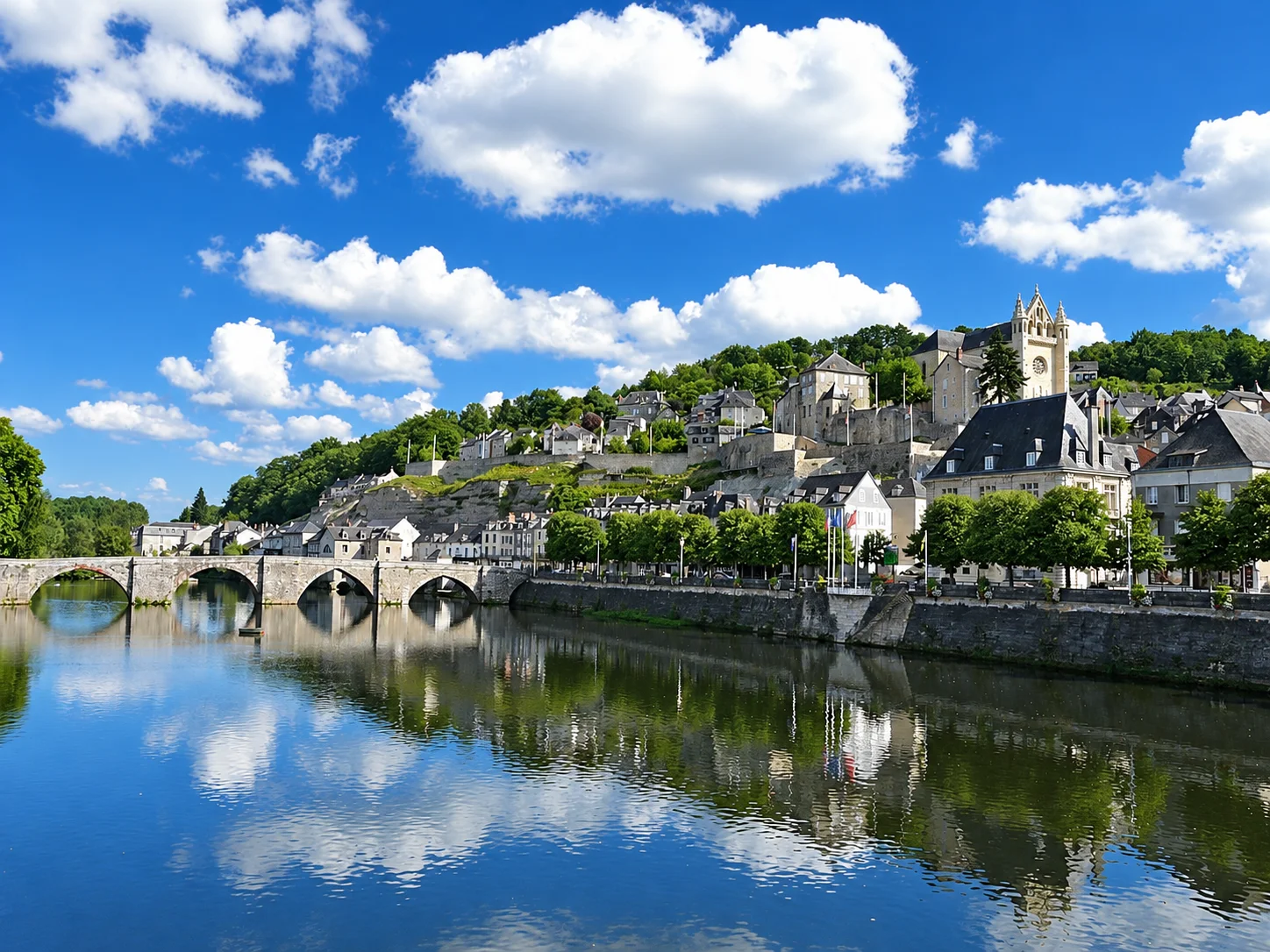 The Vézère reflects the Pont Vieux and the hillside buildings of Terrasson, with Saint-Sour church above.