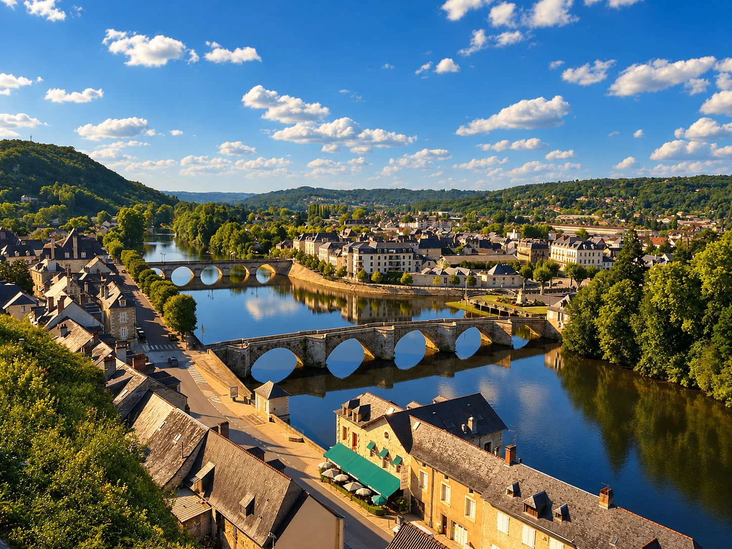 Terrasson-Lavilledieu, re-rendered from an openly licensed photo (Summer · Deep brochure blue · Golden hour)