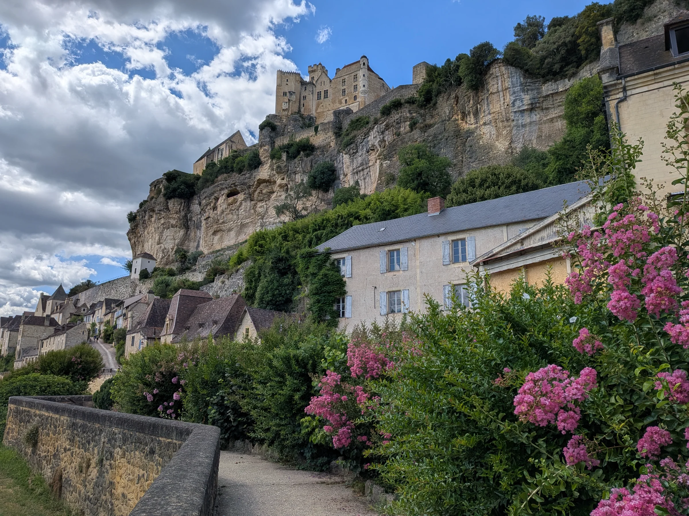 Château de Beynac on its limestone cliff above the village houses, with pink flowering bushes in the foreground