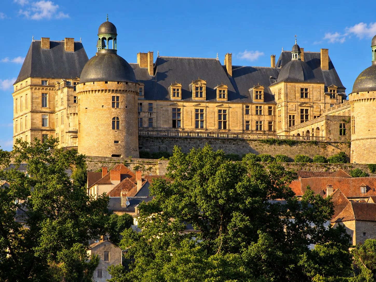 Château de Hautefort, re-rendered from an openly licensed photo (Summer · Brochure blue · Golden hour)