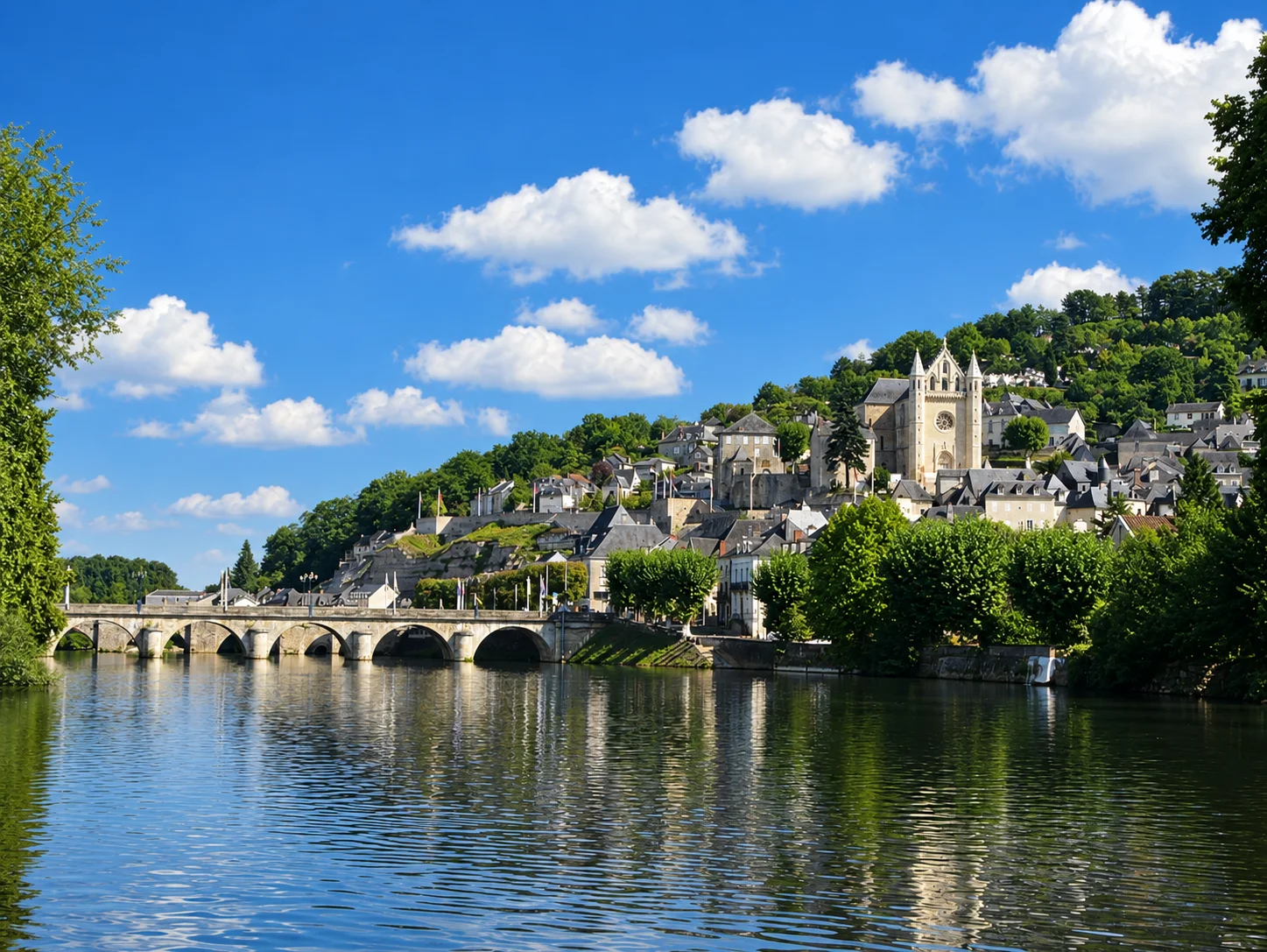 The Pont Vieux crosses the Vézère below Terrasson's hillside old town and Saint-Sour church.