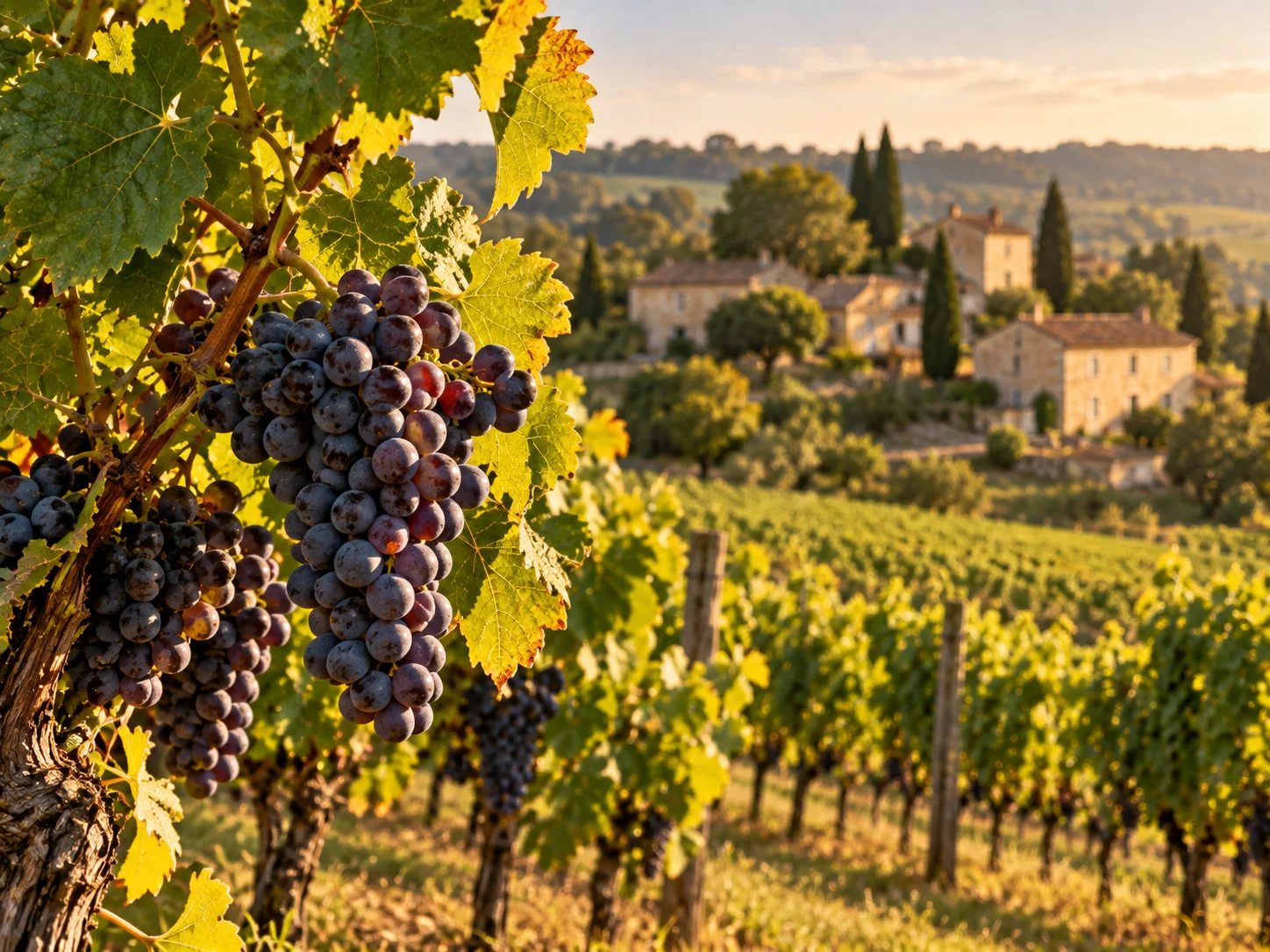 A close-up of purple grapes on a vine in the foreground with a blurred landscape of vineyards and stone buildings in the background.