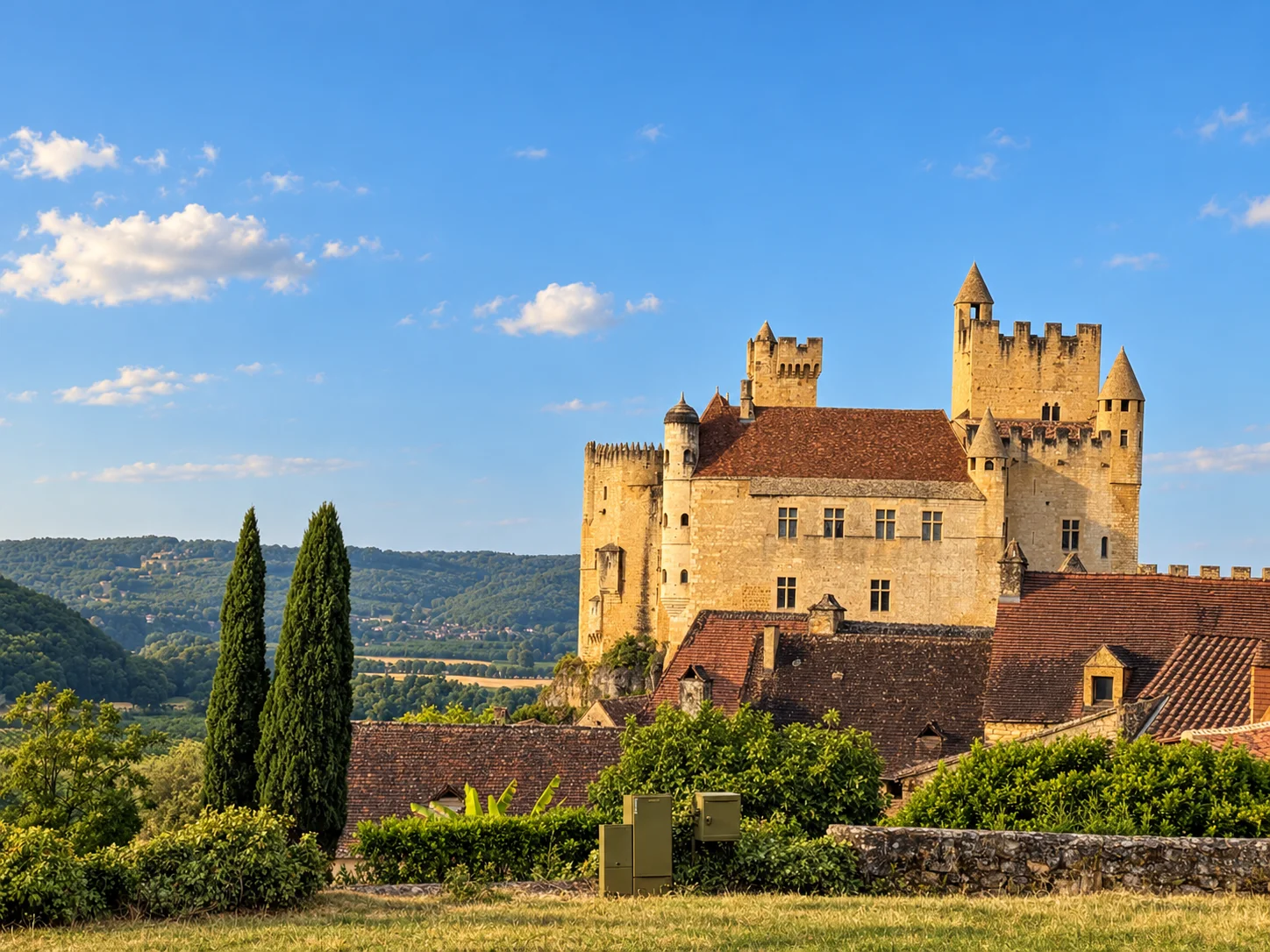 Battlements and towers of Château de Beynac seen from the garden level below, under a cloudy sky