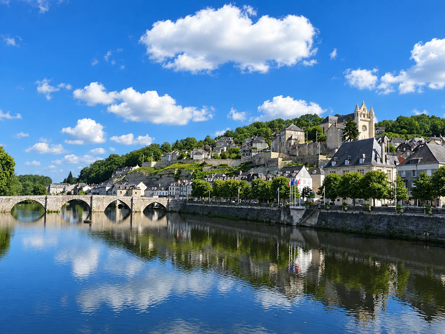 Terrasson's Pont Vieux, riverside buildings and church of Saint-Sour overlook the Vézère.