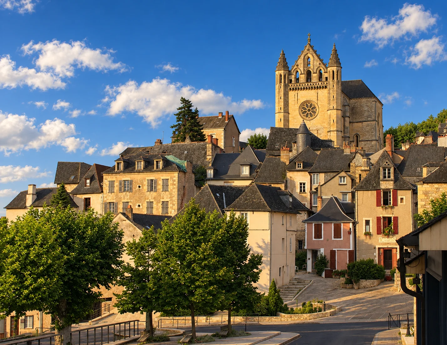 Terrasson-Lavilledieu, re-rendered from an openly licensed photo (Summer · Deep brochure blue · Golden hour)