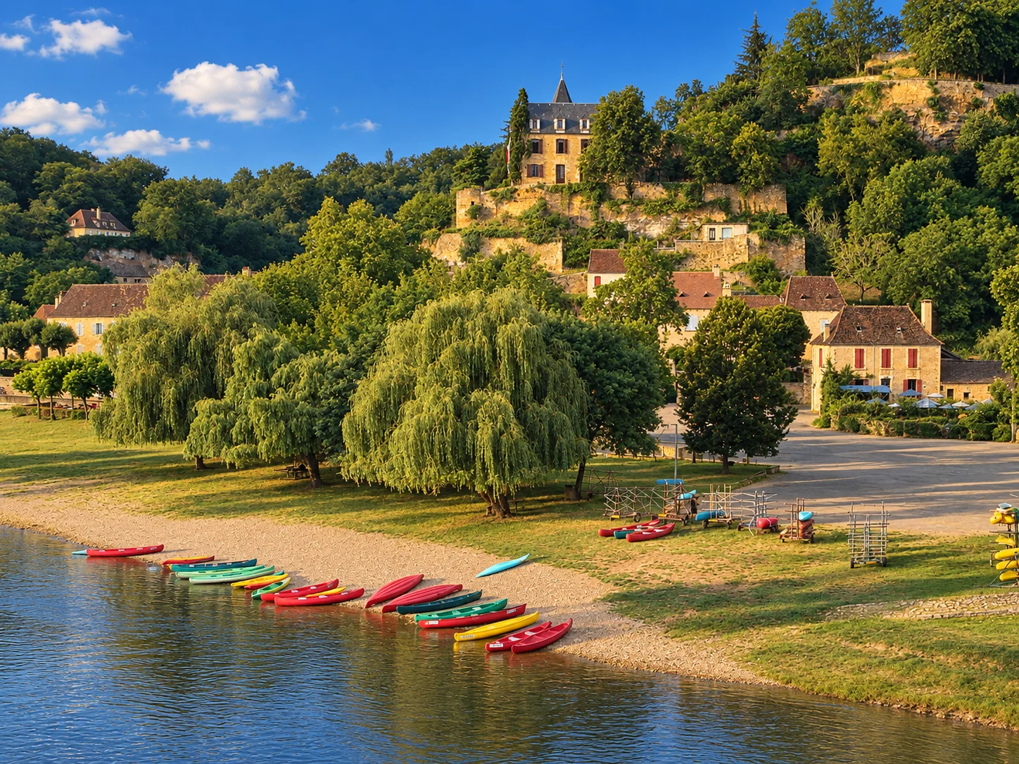 Limeuil, re-rendered from an openly licensed photo (Summer · Deep brochure blue · Golden hour)