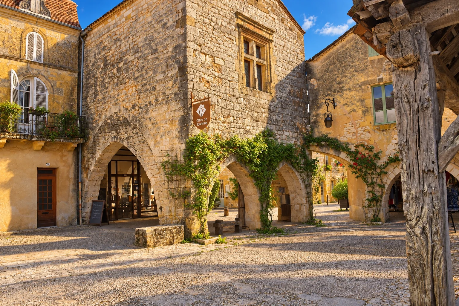 Stone arcades (cornières) around the central square in Monpazier