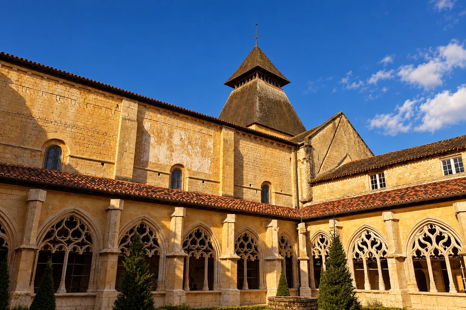 Cadouin Abbey, re-rendered from an openly licensed photo (Summer · Deep brochure blue · Golden hour)