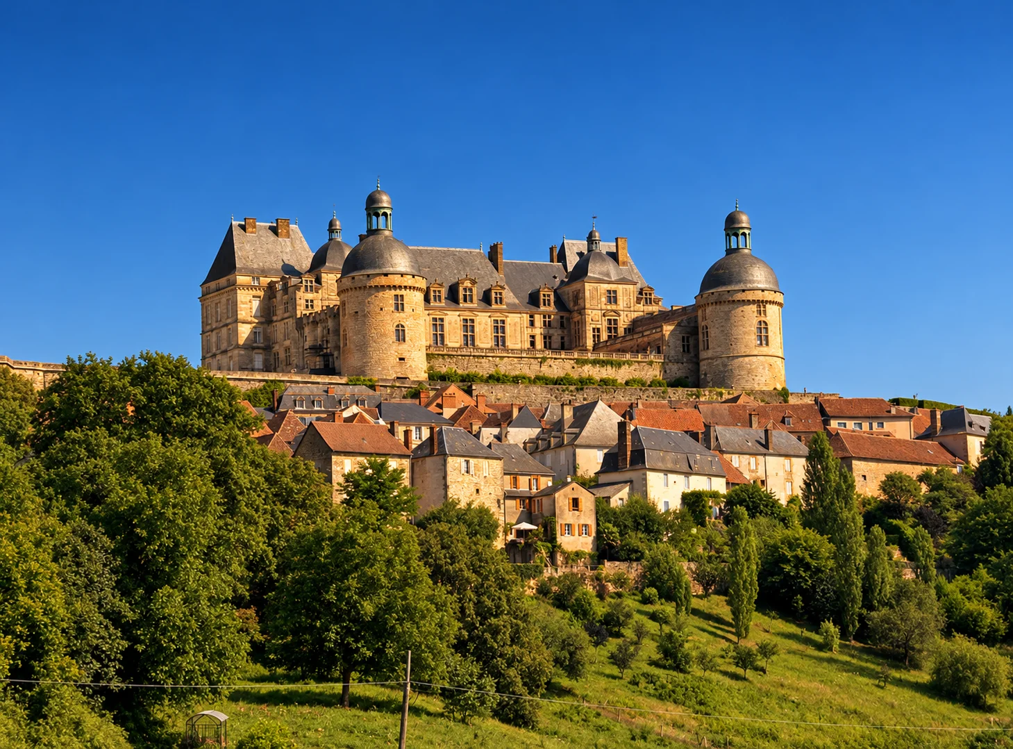 Château de Hautefort, re-rendered from an openly licensed photo (Summer · Deep brochure blue · Golden hour)