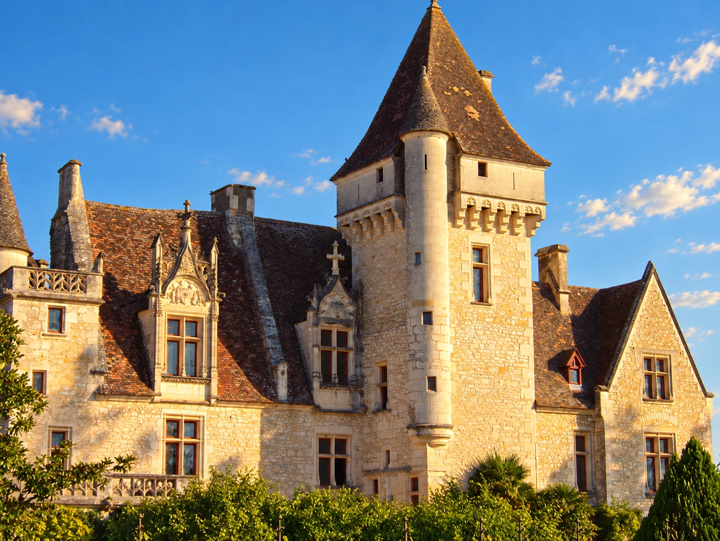 Château des Milandes, re-rendered from an openly licensed photo (Summer · Brochure blue · Golden hour)