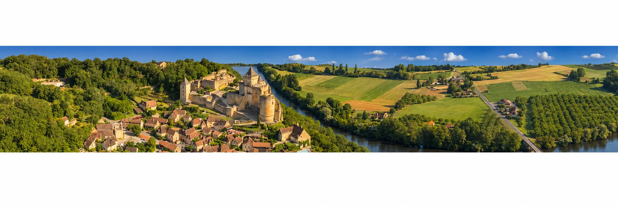 Castelnaud-la-Chapelle, re-rendered from an openly licensed photo (Summer · Deep brochure blue · Golden hour)