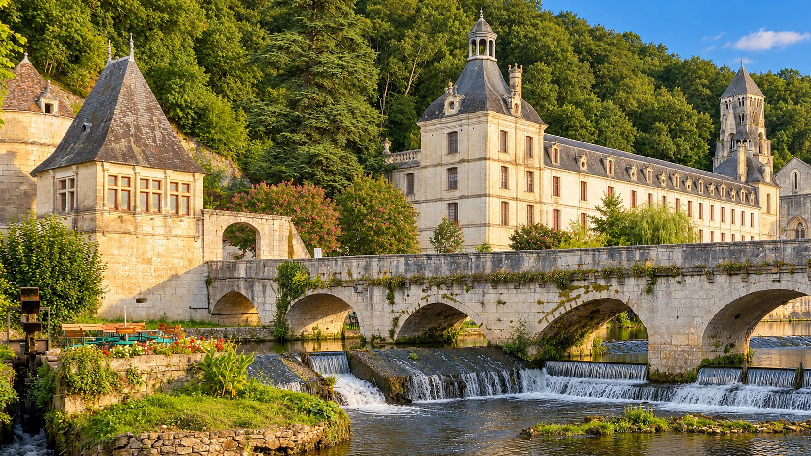 Brantôme abbey and the elbow bridge over the Dronne