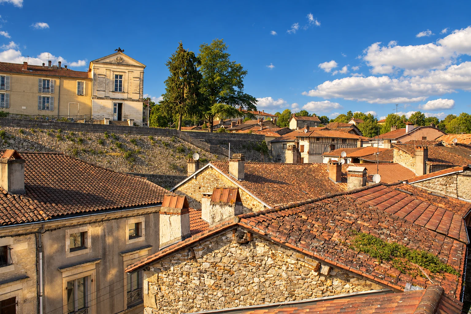 Tiled roofs and stone houses cluster below a raised terrace in Nontron.