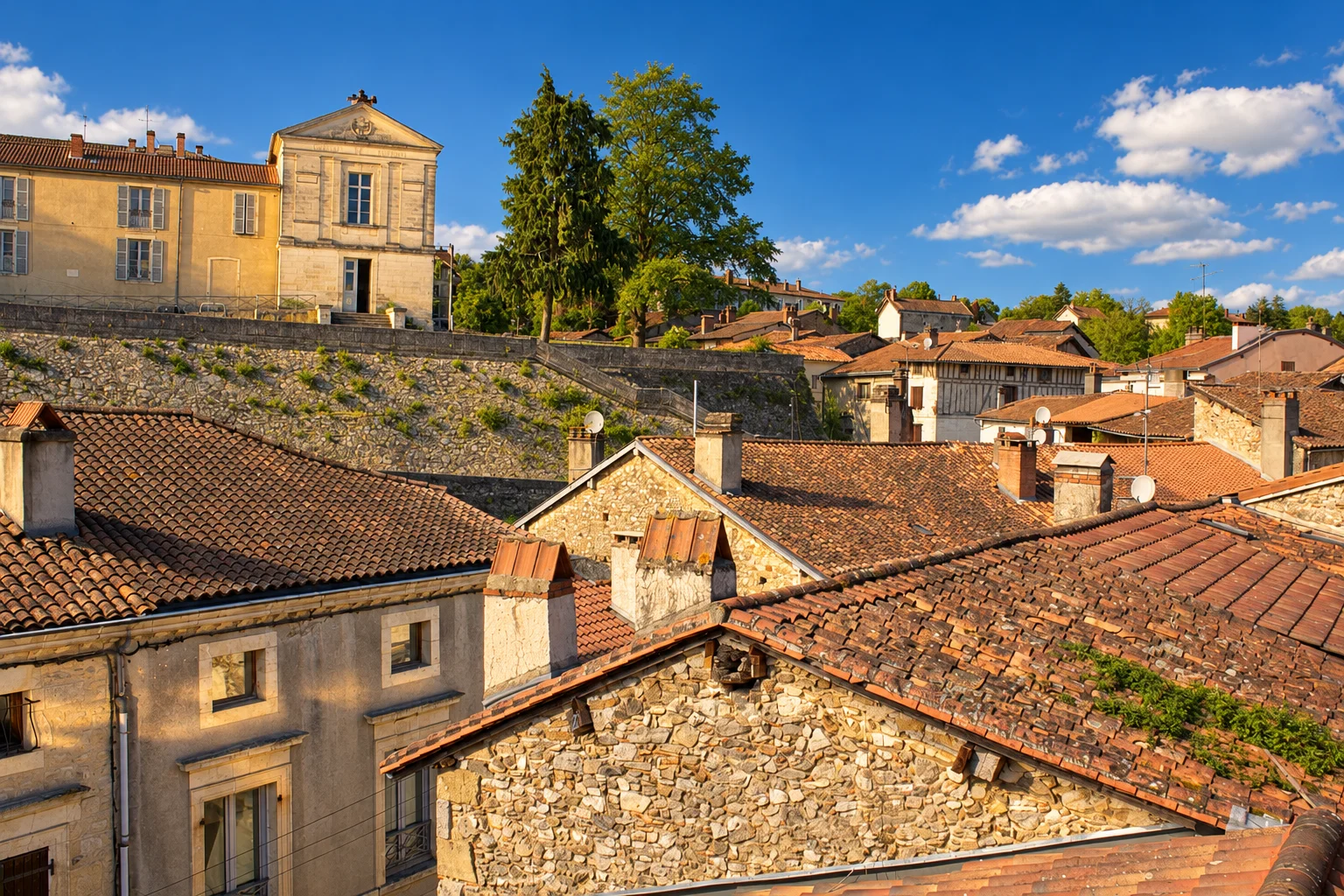 Tiled rooftops and stone houses fill a view across Nontron beneath a blue sky.