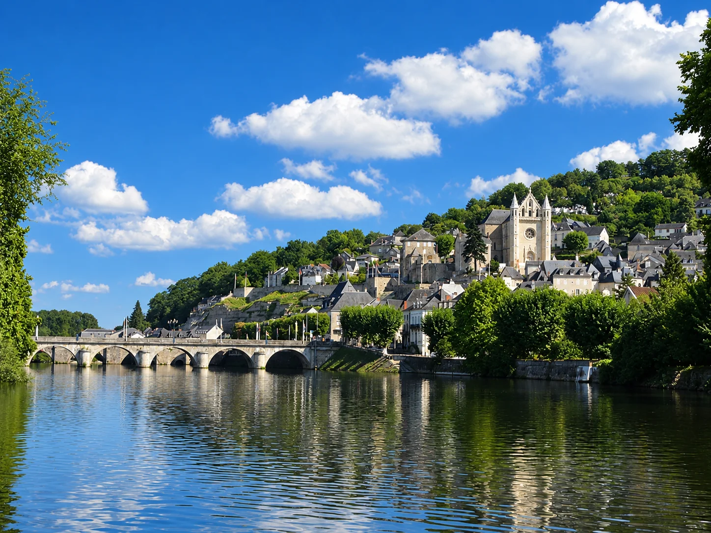 The Pont Vieux crosses the Vézère below Terrasson's hillside old town and the church of Saint-Sour.