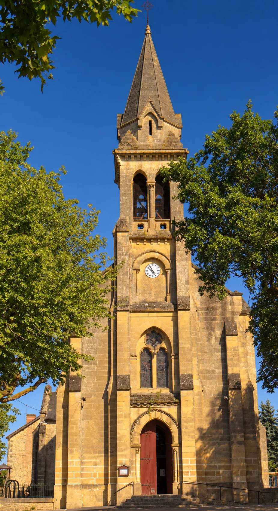 Le Buisson-de-Cadouin, re-rendered from an openly licensed photo (Summer · Deep brochure blue · Golden hour)