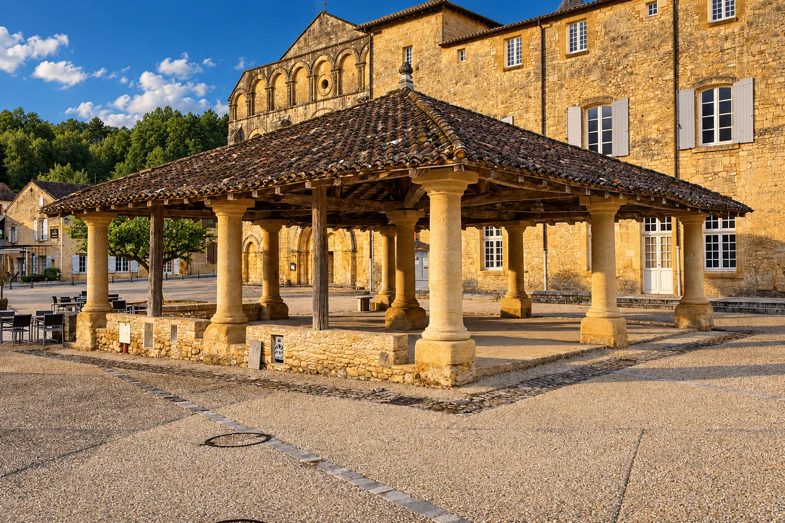 Le Buisson-de-Cadouin, re-rendered from an openly licensed photo (Summer · Deep brochure blue · Golden hour)