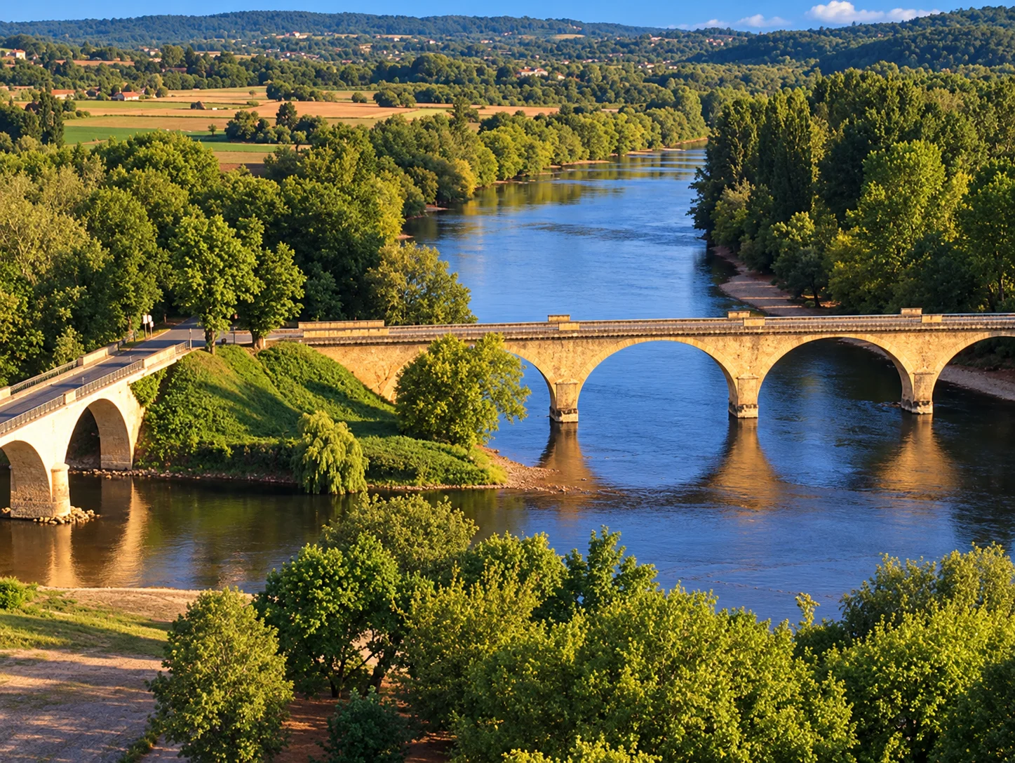Limeuil, re-rendered from an openly licensed photo (Summer · Brochure blue · Golden hour)