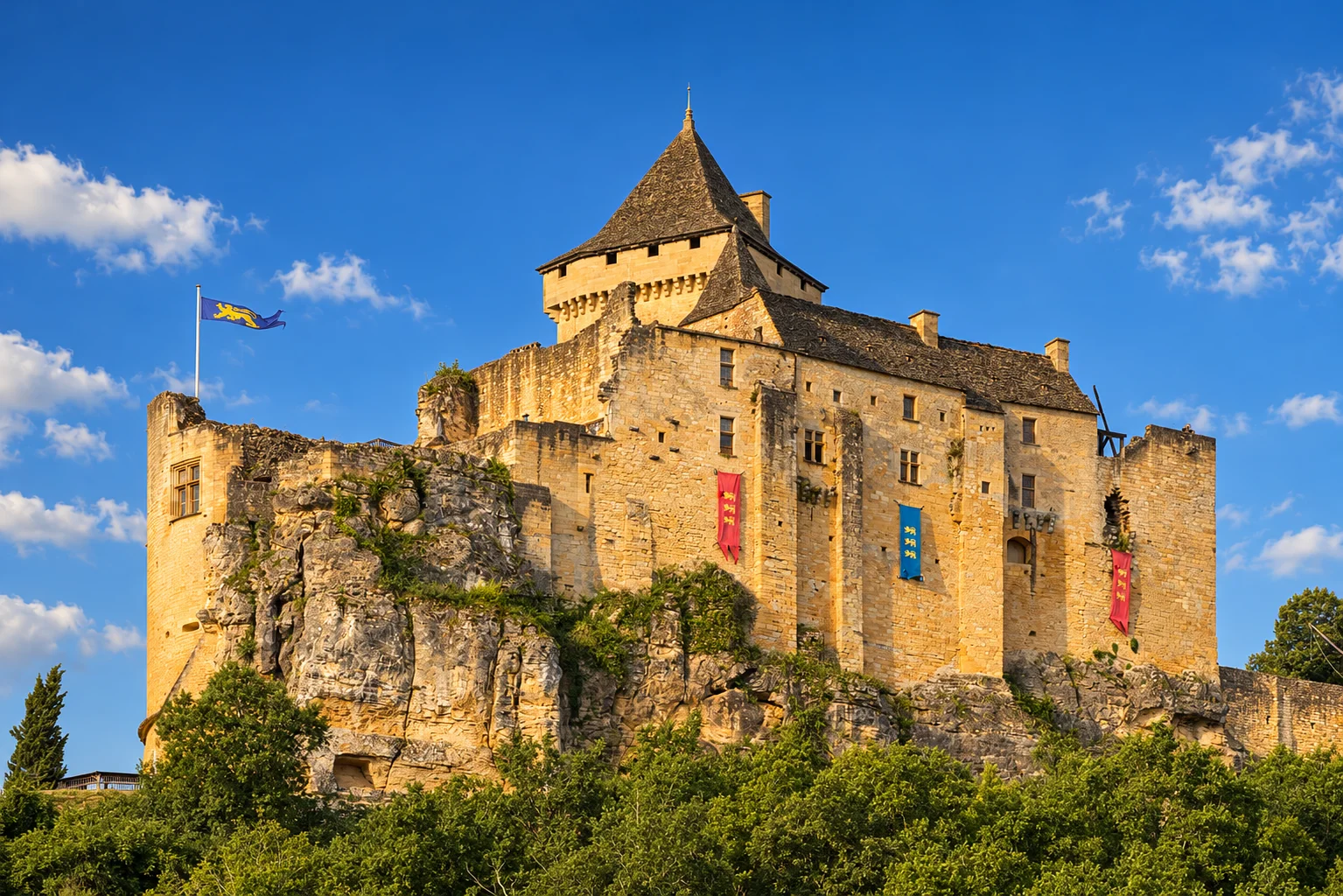Castelnaud-la-Chapelle, re-rendered from an openly licensed photo (Summer · Deep brochure blue · Golden hour)