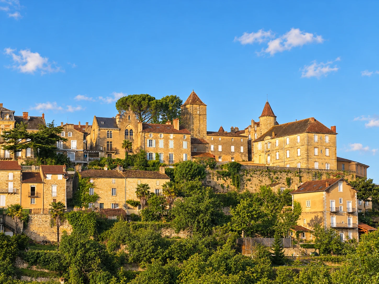 Belvès, re-rendered from an openly licensed photo (Summer · Brochure blue · Golden hour)
