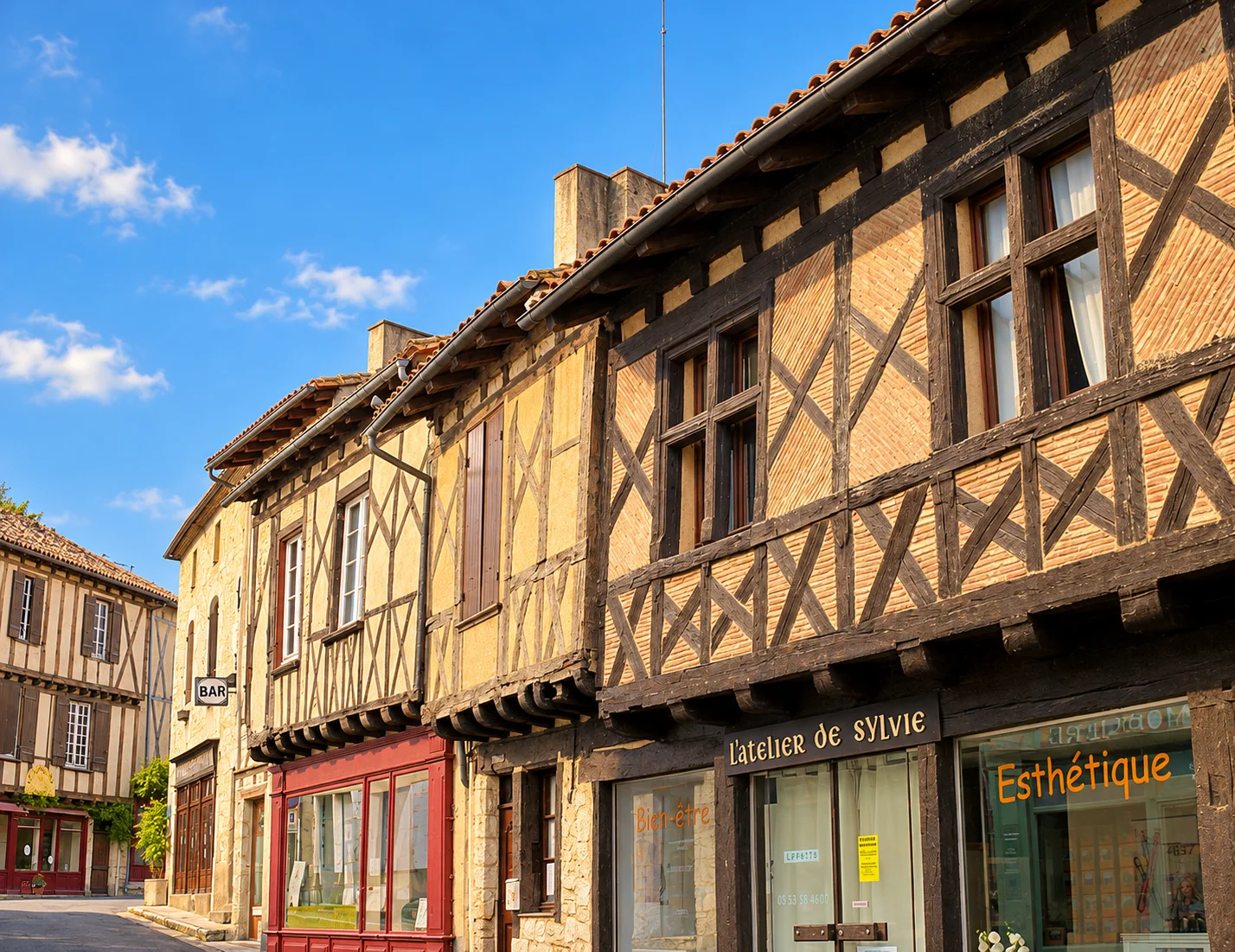 Issigeac, re-rendered from an openly licensed photo (Summer · Brochure blue · Golden hour)