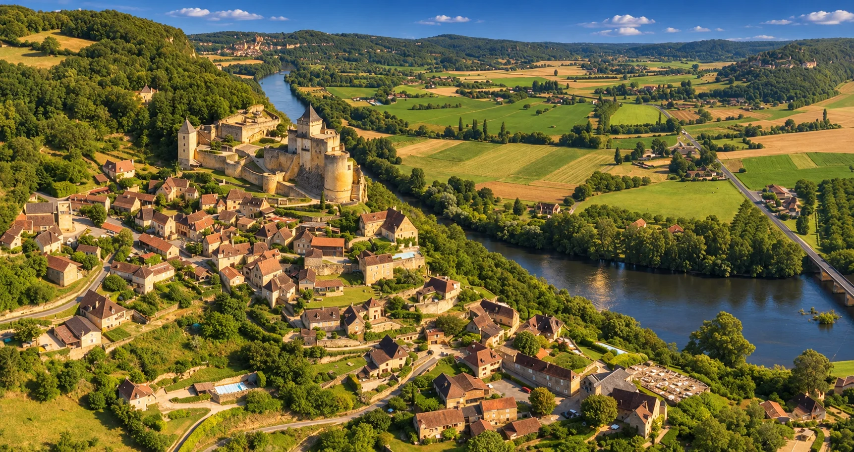 Castelnaud-la-Chapelle, re-rendered from an openly licensed photo (Summer · Deep brochure blue · Golden hour)